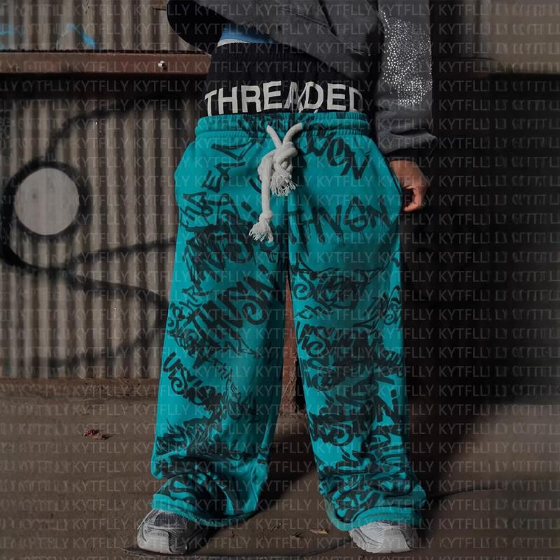 

European and American hip-hop printed fake two wide leg pants S синій