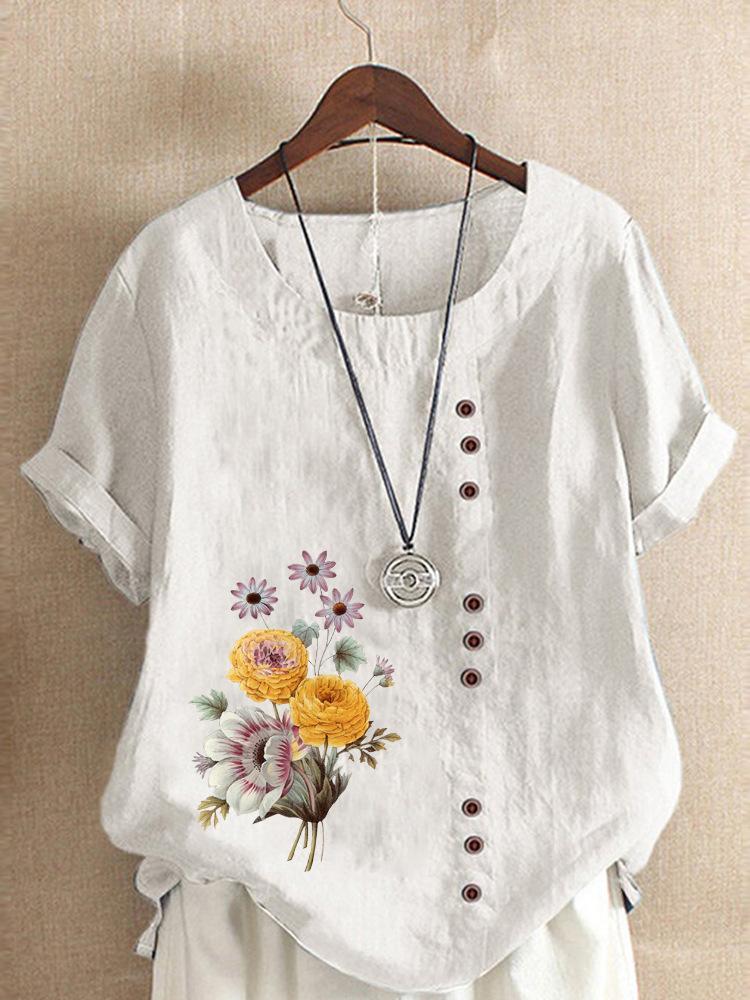 Europe and The United States Printing Cotton Linen Short-sleeved Ladies T-shirt