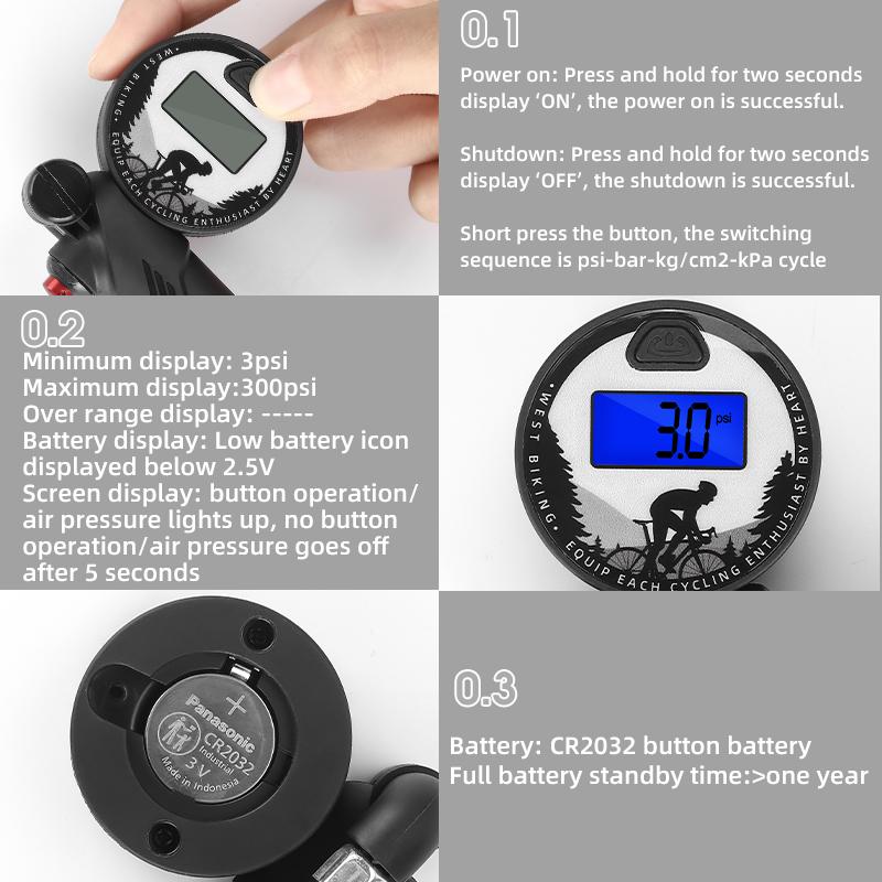 WEST BIKING 300PSI Bicycle Pump LCD Digital Diaplay Air Pressure Gauge Bike Pump Portable Tire Infalator MTB Cycling Equipment