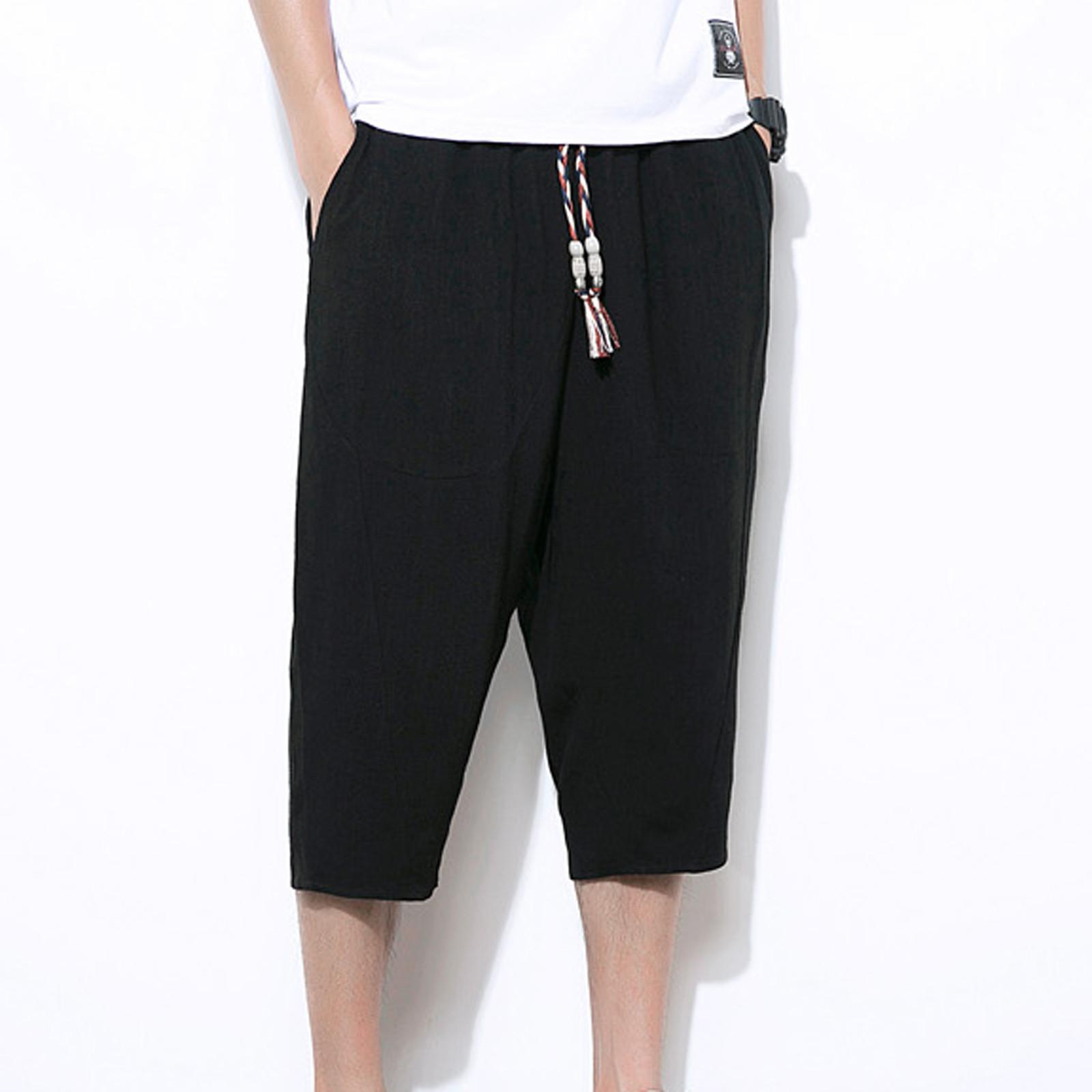 

Мужские повседневные однотонные хлопковые льняные легкие удобные повседневные шорты, укороченные брюки XXXL чёрный