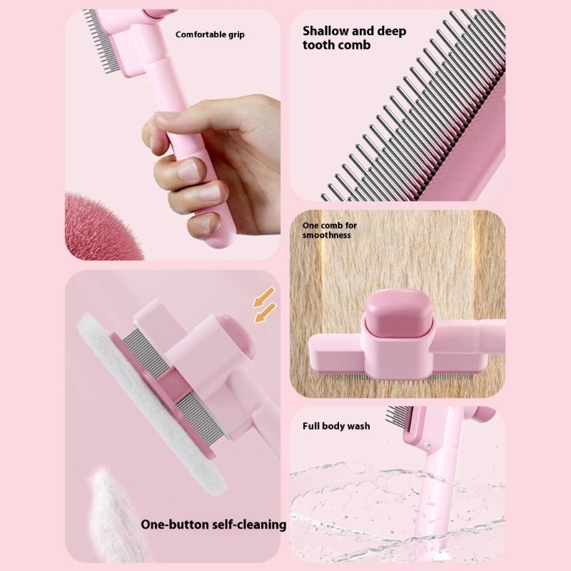 Pet Hair Removal Tool Fleas Comb for Dogs Cats Lice Cats Brush with Release Button Selfs Cleaning with Long Short Teeth