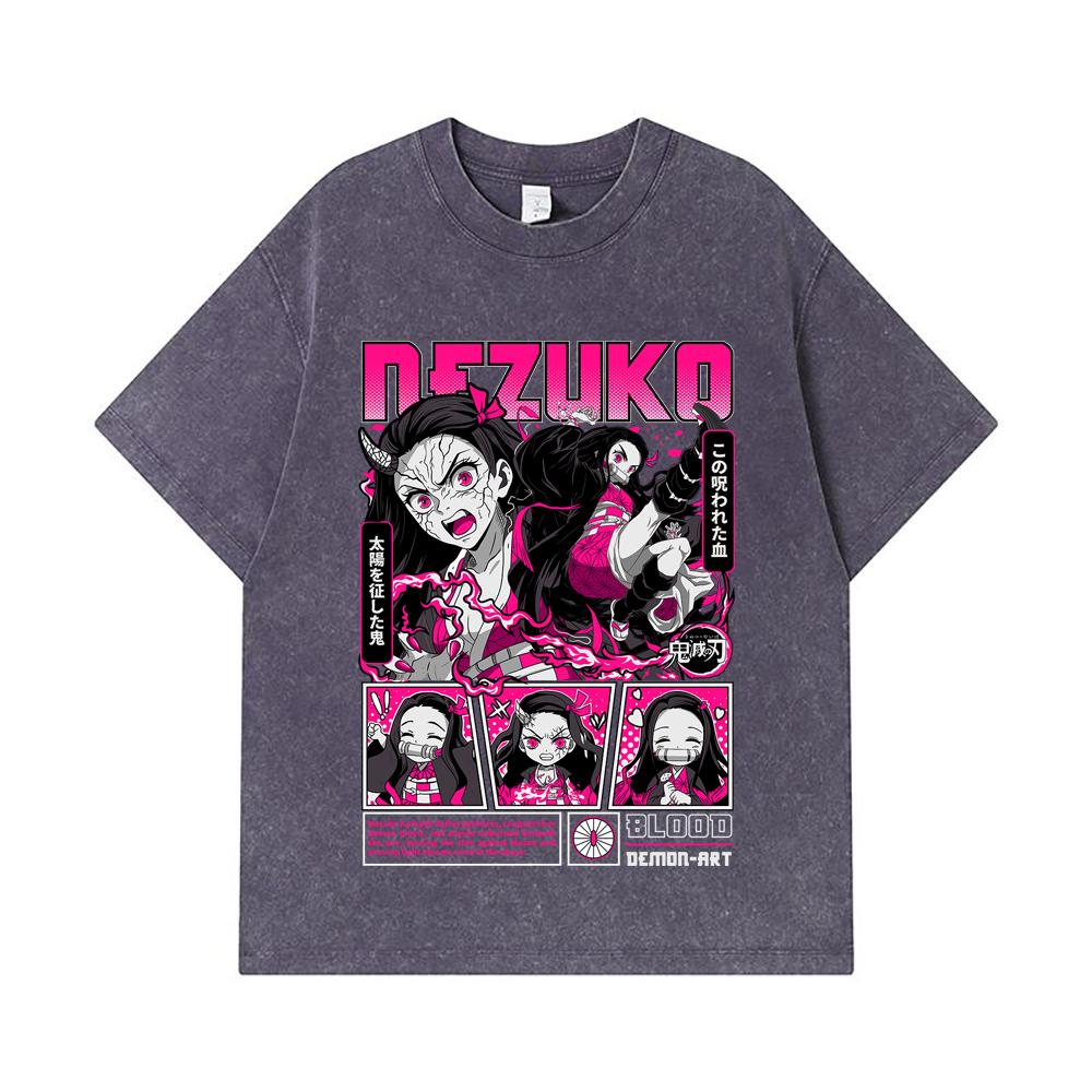 275 GSM Washed T-shirts 100% Cotton Demon Slayer V56 Nezuko Print Unisex Heavy Cotton T Shirt