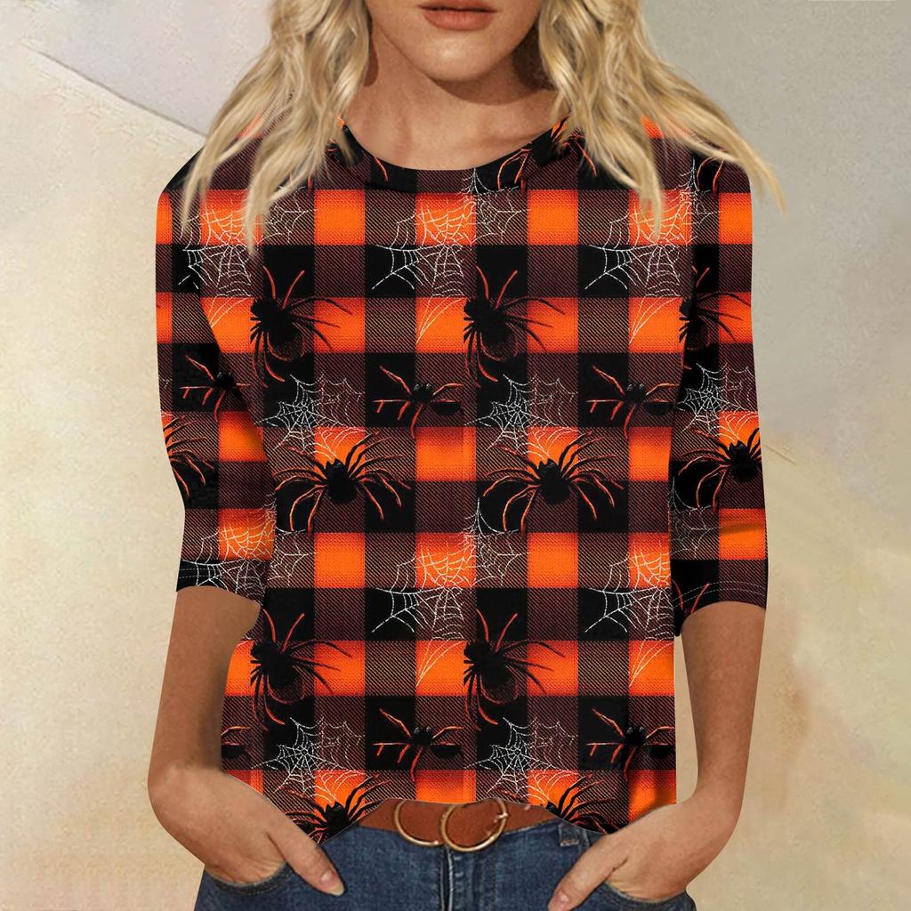 Women's Fashionable Casual Three-Quarter Sleeve Halloween Print Round Neck Top