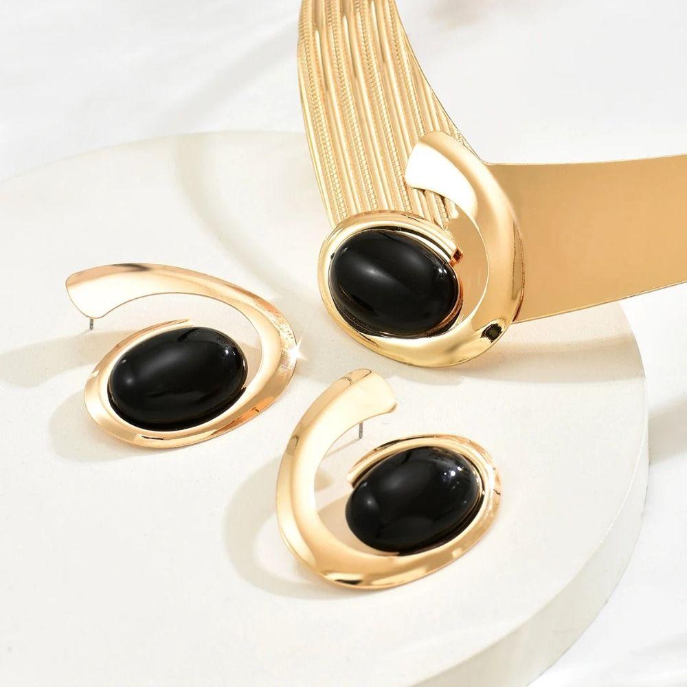 Exaggerated Necklace Earrings Set Oval Stone Pendant Jewelry Accessories  Anniversary Party