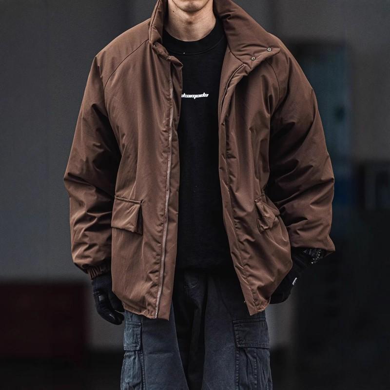 Unisex Oversized Winter Cotton Coat With Stand Collar Coffee Black Solid Color Warm Thick Workwear Style