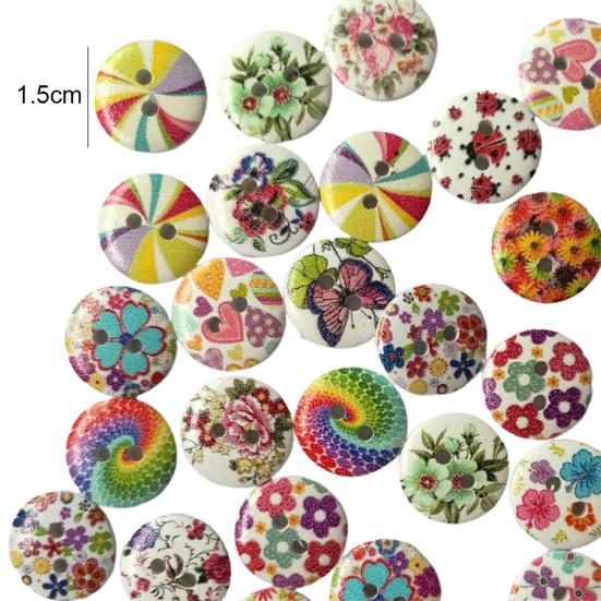100Pcs Flower Print Wood Buttons 2 Holes Scrapbook Clothing Sewing DIY