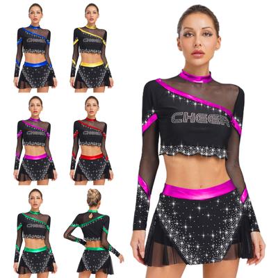 Women’s Cheerleading Competition Outfit S-XXL: 2Pcs Set with Long Sleeve Rhinestone Top & Skirt for Stage Performance