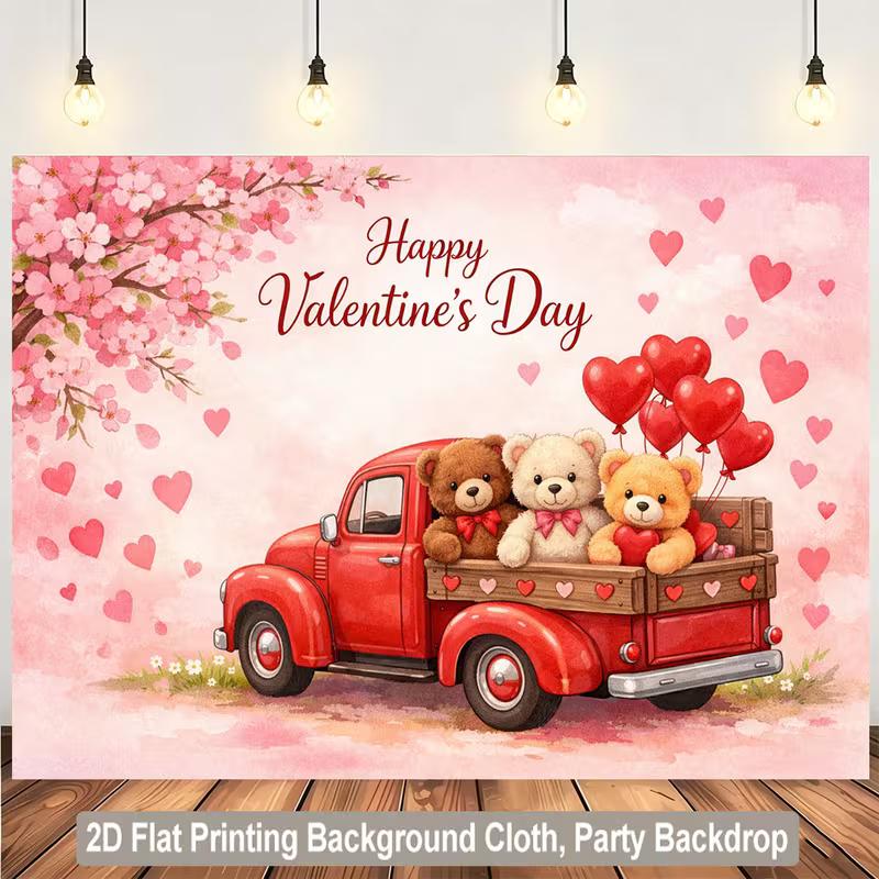 2D Cute Valentine's Truck & Bears Backdrop for Anniversary & Love Themed Events