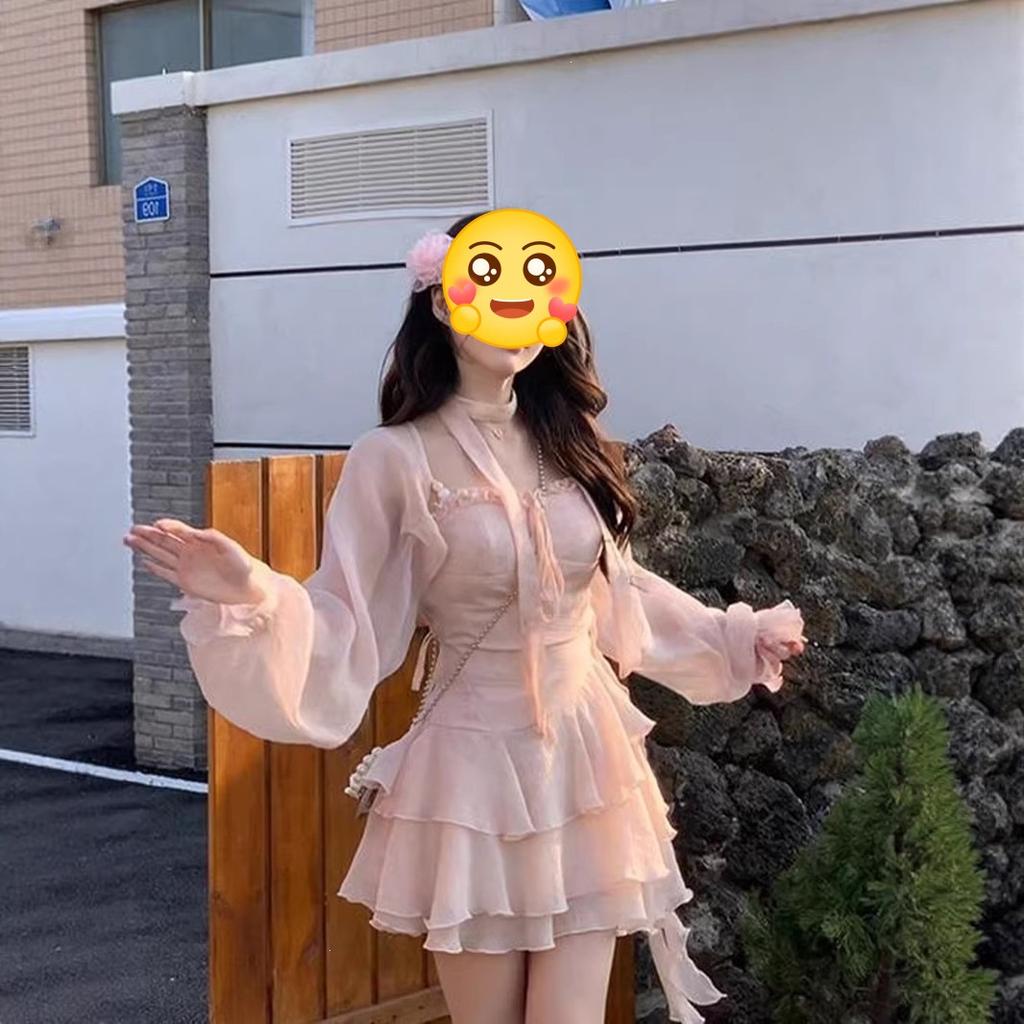 Slightly fat gentle sweet ruffle leaf edge suspender dress women's summer small man waist thin short skirt cardigan set