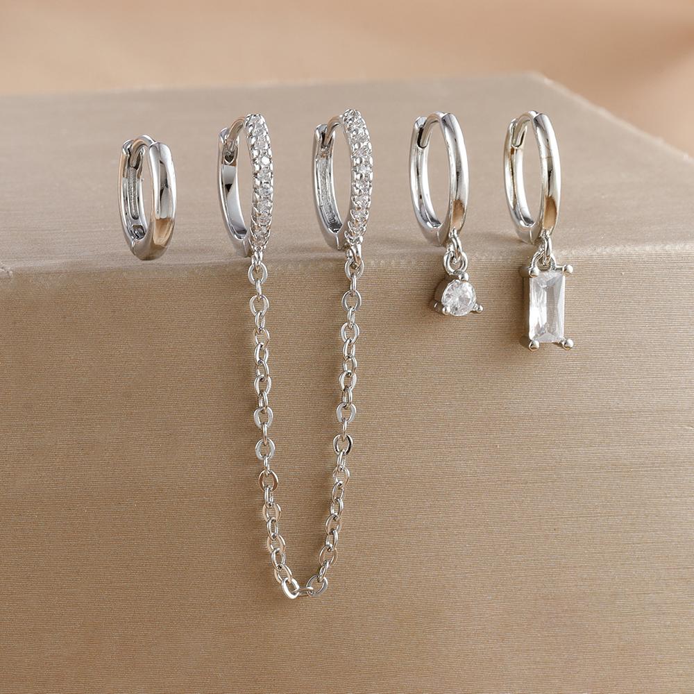 4pcs Fashion Colorful Zirconia Chain Square Earrings Set for Women Two Hole Round Circle Gold Color Hoop Earring Wedding Jewelry