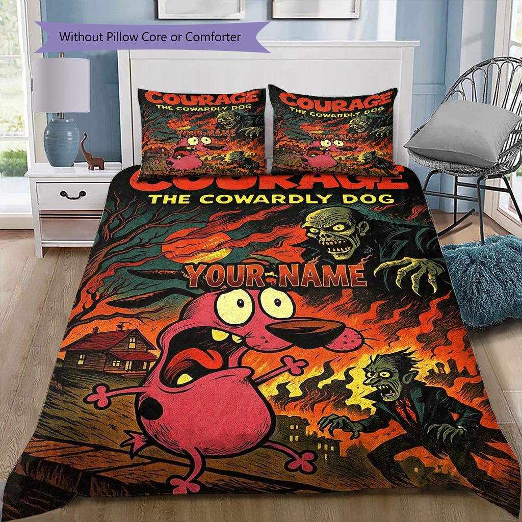 Mut Feiger Hund Horror Benutzerdefinierter Name Muster Bettwäsche Steppdecke Set Bettbezug Kissenbezug Zuhause Geburtstagsgeschenk(1 * Bettbezug + 2 * Kissenbezug, ohne