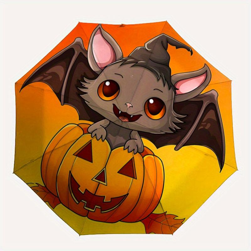 1pc Lovely Wizard Bat and Halloween Pumpkin Cartoon Design Automatic Folding Umbrella - 3 Folding Design, Vivid Cartoon Pattern, Suitable for Out
