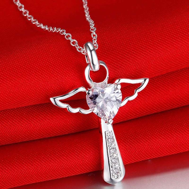 Jesus Cross Love Angel Heart Wing Silver Pendant Necklace 18inch Women Girl Lady Gift