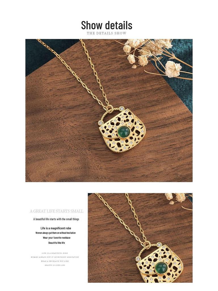 Elegante vergoldete Kupferanhänger-Halskette mit grünem Chalcedon und Vollpavé-Diamanten