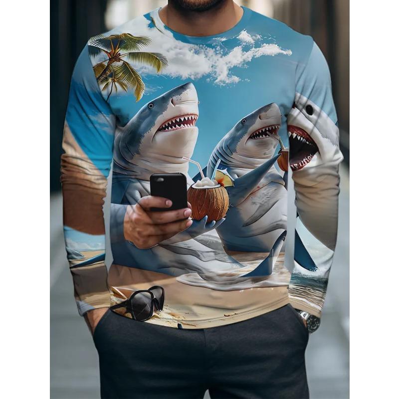 Autumn and Winter Men's 3D Animal Geometric Printing Crew Neck Long Sleeve T-Shirt