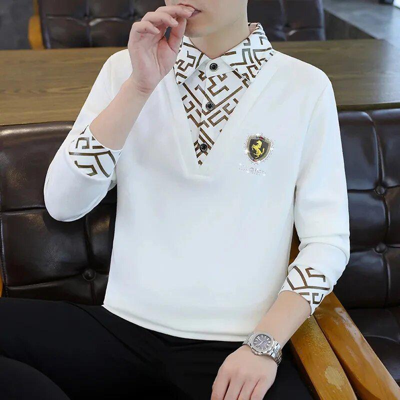 

Men s High-End Casual Layered Hoodie Shirt: Light Luxury, Long Sleeve, Printed Lapel, Autumn/Winter Collection XL [130-150 lbs]