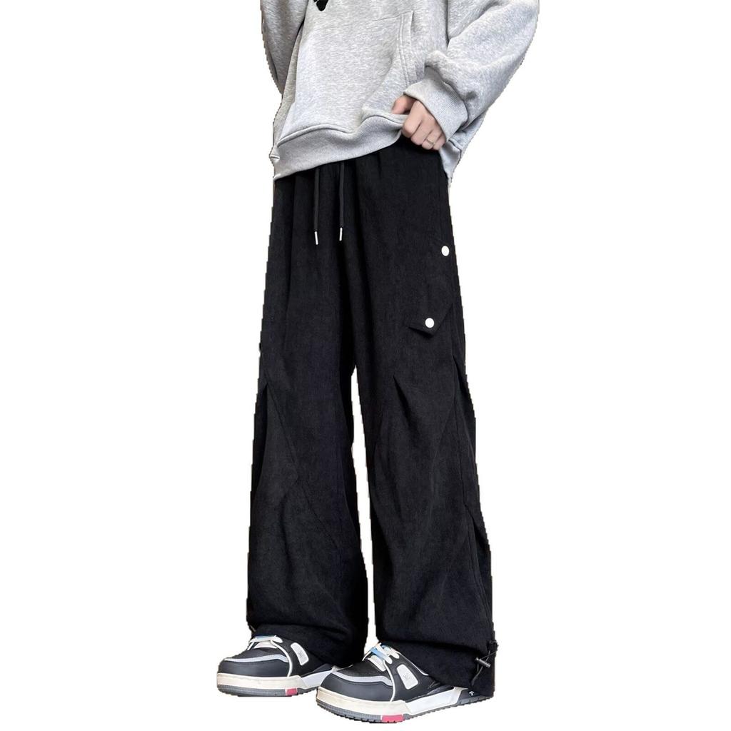 American heavy pleated corduroy overalls men's autumn and winter design sense straight wide-leg pants fleece casual pants