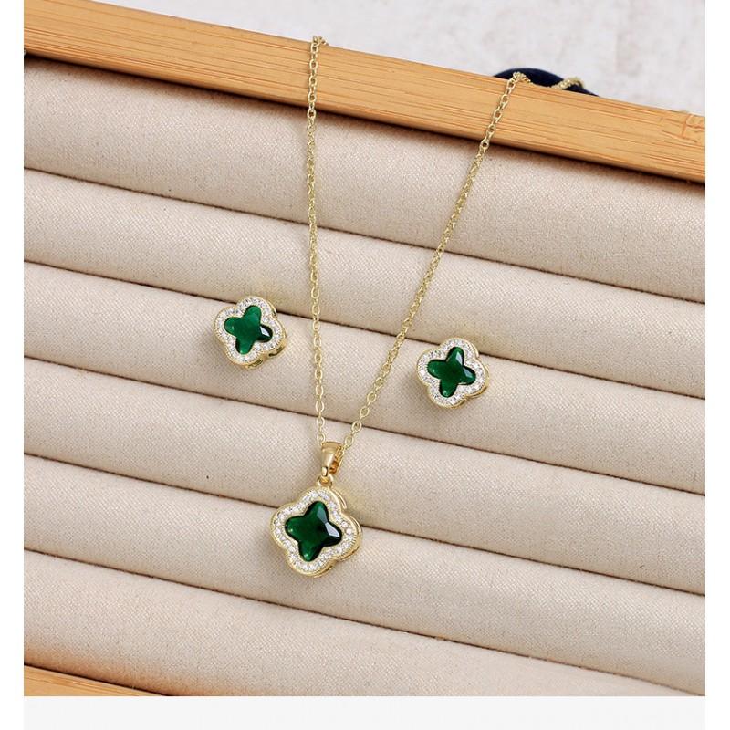 Elegant Zircon Lucky Clover Necklace Earring Set Women Light Luxury Geometric Pendant Jewelry Party Office Wear