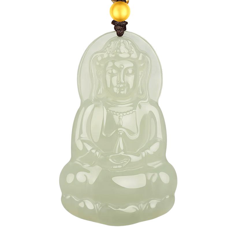 Men s Natural Hetian Jade Guanyin Pendant with Gold Beads