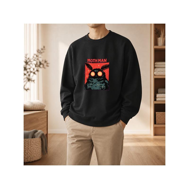 Men's Moth and Owl Print Crew Neck Sweatshirt, Casual, Halloween Campus Fall Winter Wear, Plus Size.