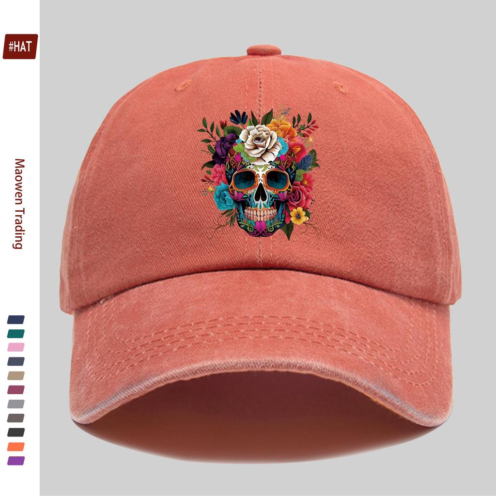 Pc Vibrant Day Of The Dead Skull With Floral Print Baseball Cap  Adjustable Buckle Closure Lightweight Polyester Ideal For
