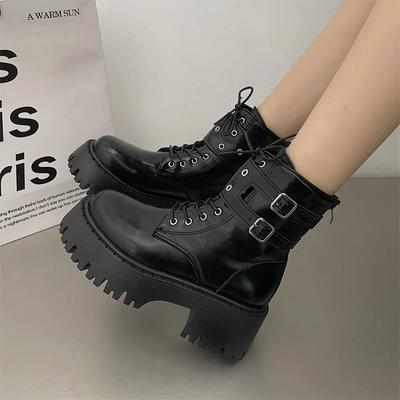 Mode Schnür-Kampf Damen Stiefeletten 2024 Klobiger Absatz Plateau Damenstiefel Britischer Stil Dicke Sohle Erhöhen Höhe Lässige Stiefel