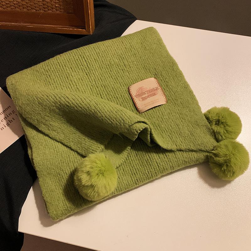 Red Hairball Knitted Scarf Women's Autumn and Winter Atmosphere Cute Thickened Warm Christmas Scarf