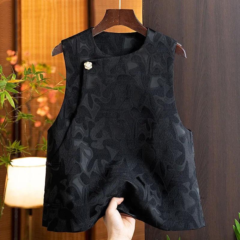 Women's White Jacquard Vest Sleeveless Crew Neck Chinese Style Casual Waistcoat