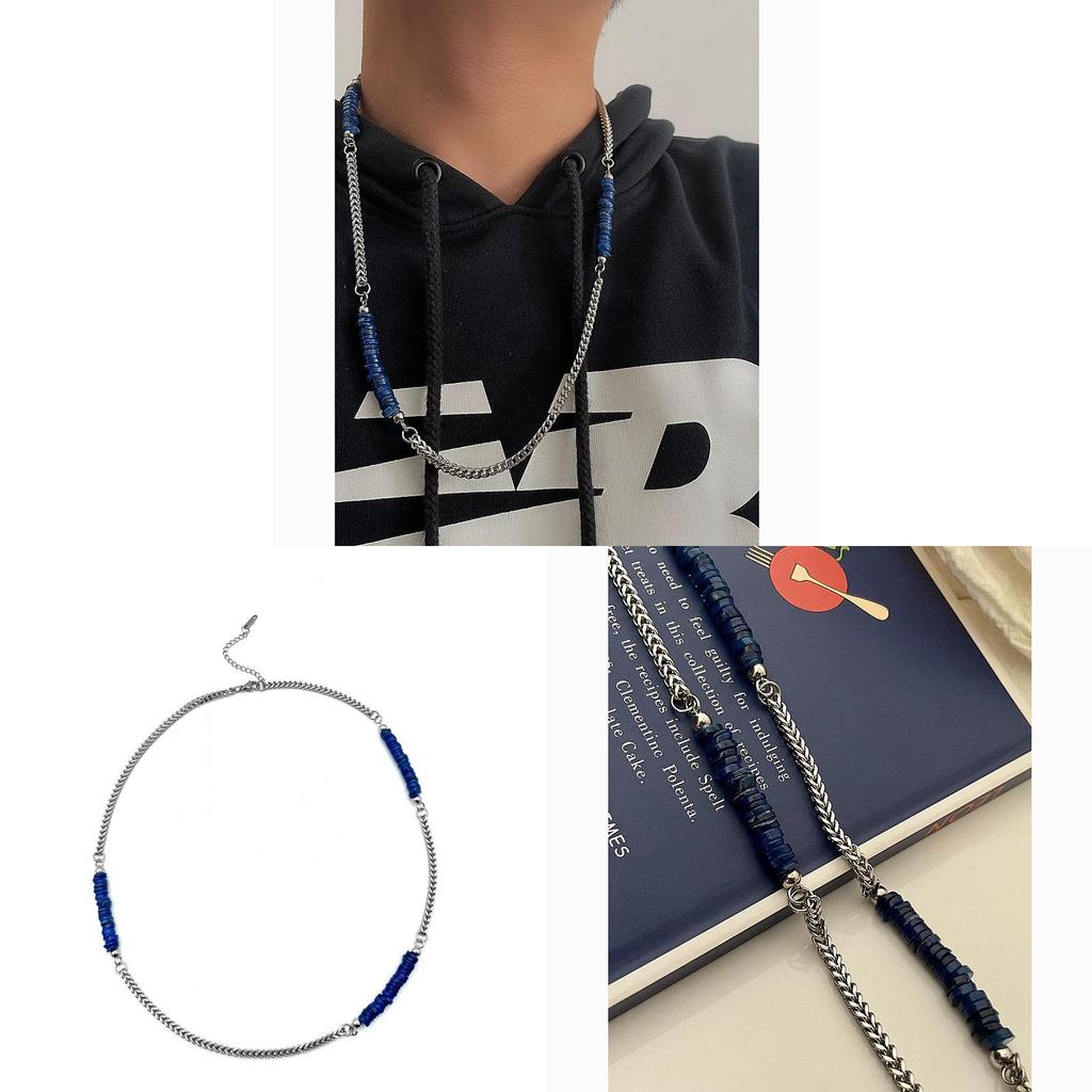 Klain Blue Spliced Titanium Steel Chain Necklace With Shell Accents For Men And Women