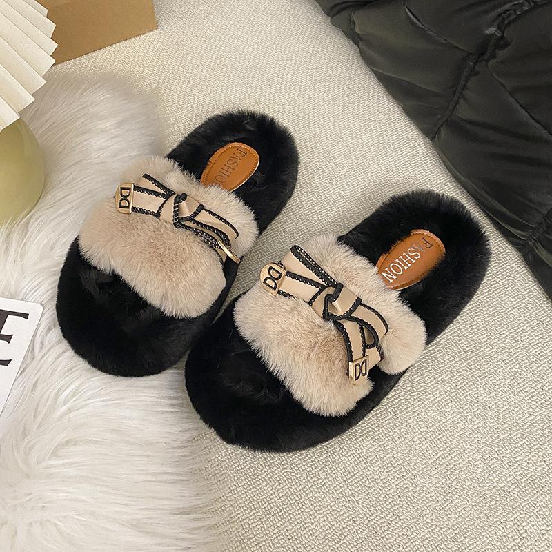 Popular Mao Mao slippers women's outer wear 2025 new autumn and winter thick-bottomed bow household indoor one-word cotton slippers