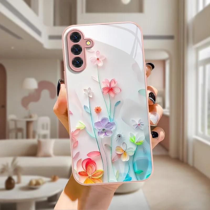 Luxuriöse Retro-Blumen-Handyhülle für iPhone 17 16e 16 15 14 13 12 Mini 11 Pro XS Max XR X 8 7 Air Plus Luxuriöse gehärtete Glasabdeckung
