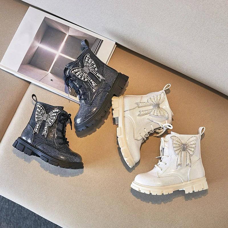 Botines Girl Boot Autumn Winter Bow Princess Shoe Glitter Shiny Ankle Boot Soft Sole Non-Slip Kid Shoe Botas Mujer