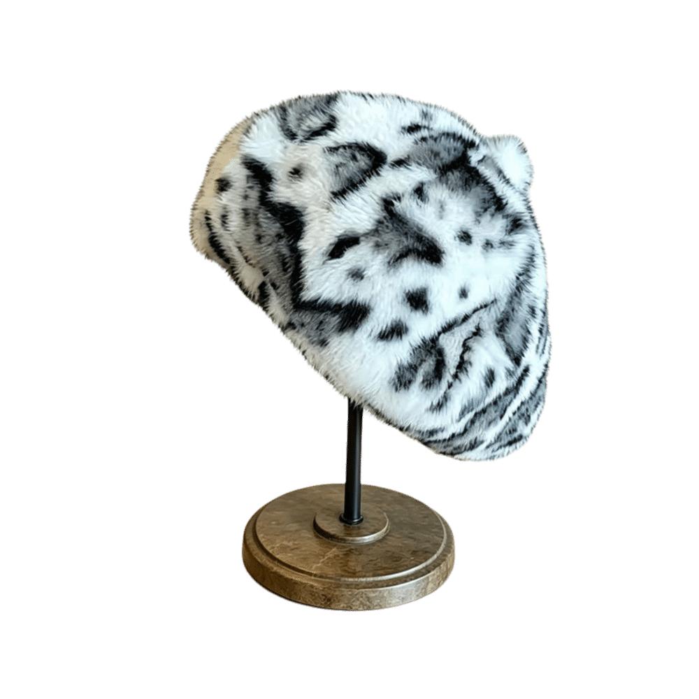 Leopard Print Faux Rabbit Fur Beret Flush Furry Fluffy Plush Beret Octagonal Beanie Cap  Women Girl