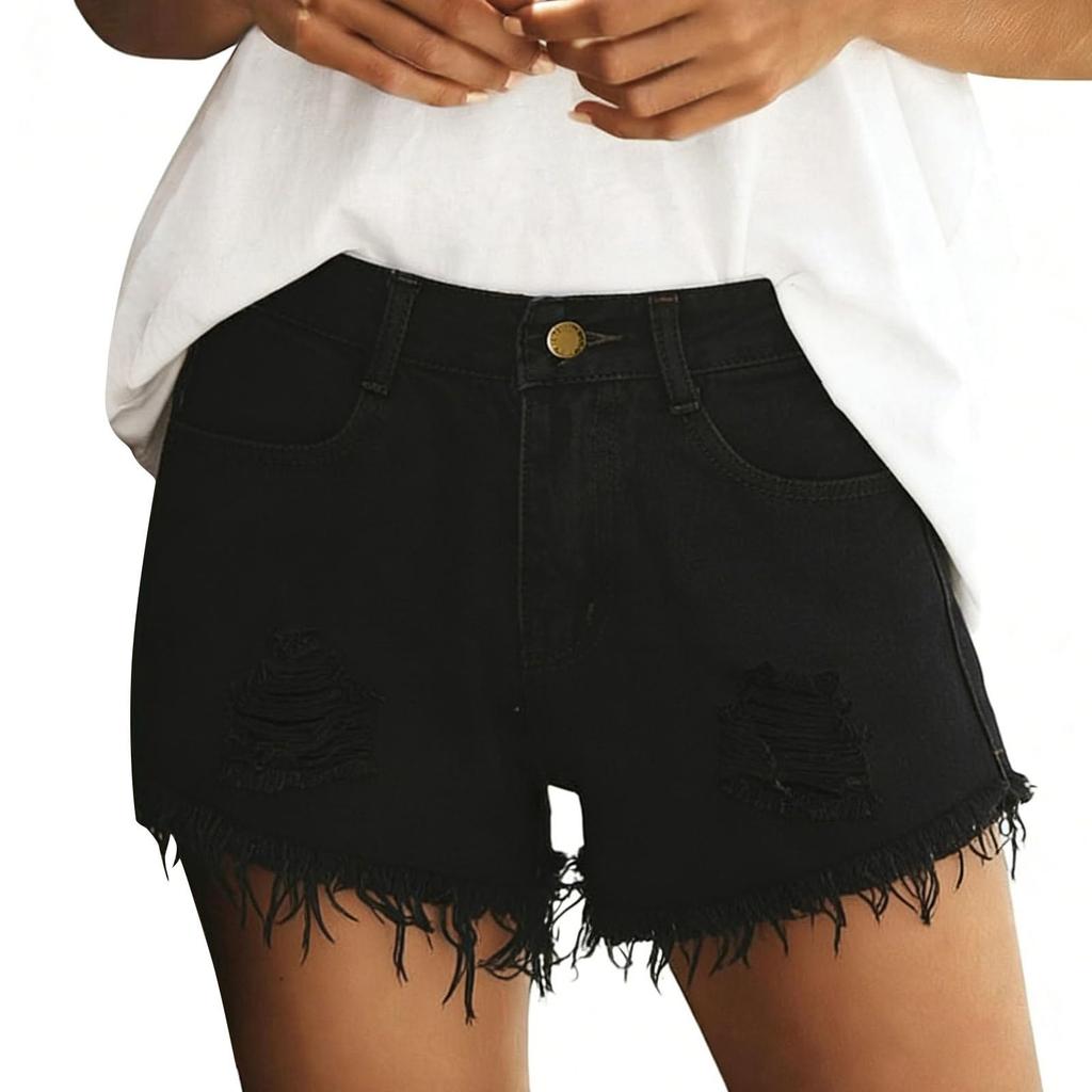 Women's Solid Denim Shorts High Waist Casual Jean Shorts with Frayed Hem and Distressed Detail Non-Stretch Fabric Summer Bottoms