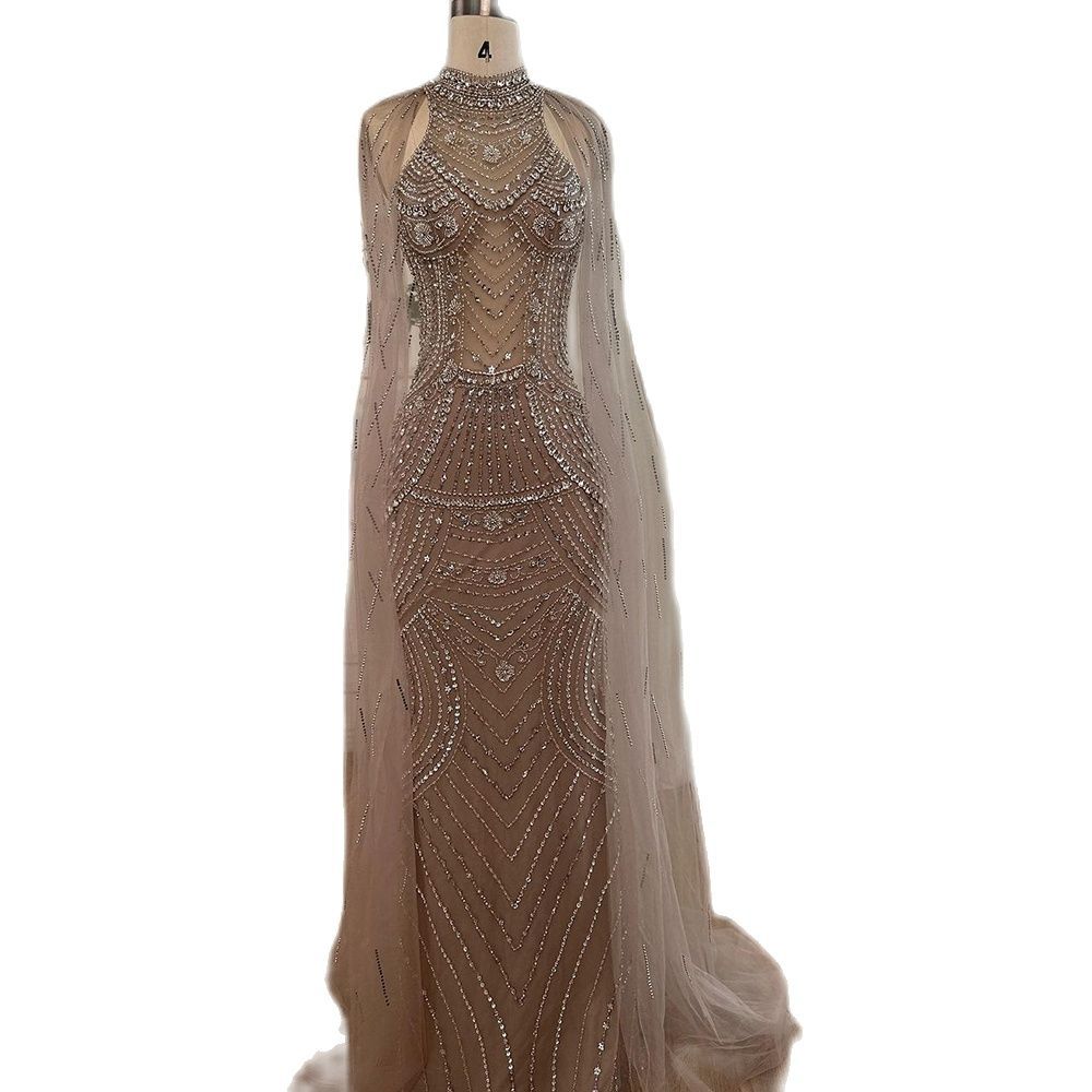 Caramel Elegant Floating Sleeve Evening Dress Celebrity Hosts Banquet Performance Fishtail Dress LA11118