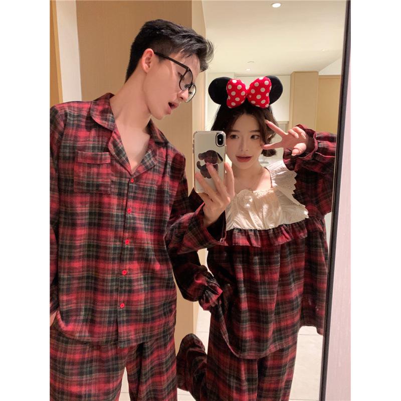Korean Style Plaid Lace Couple Homewear Set - Autumn/Winter