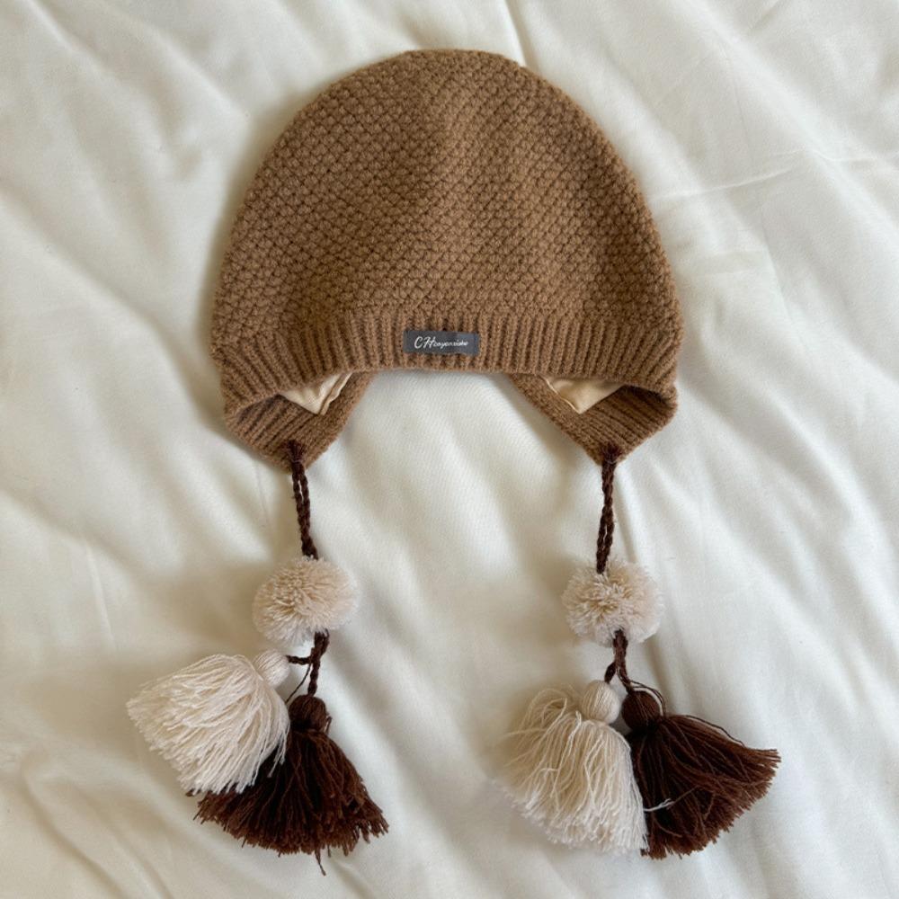 

Korean Handmade Crochet Hat Ethnic Style Girls Knitted Hat Fashion Children s Tassels Hat Kids 5-12Y хакі