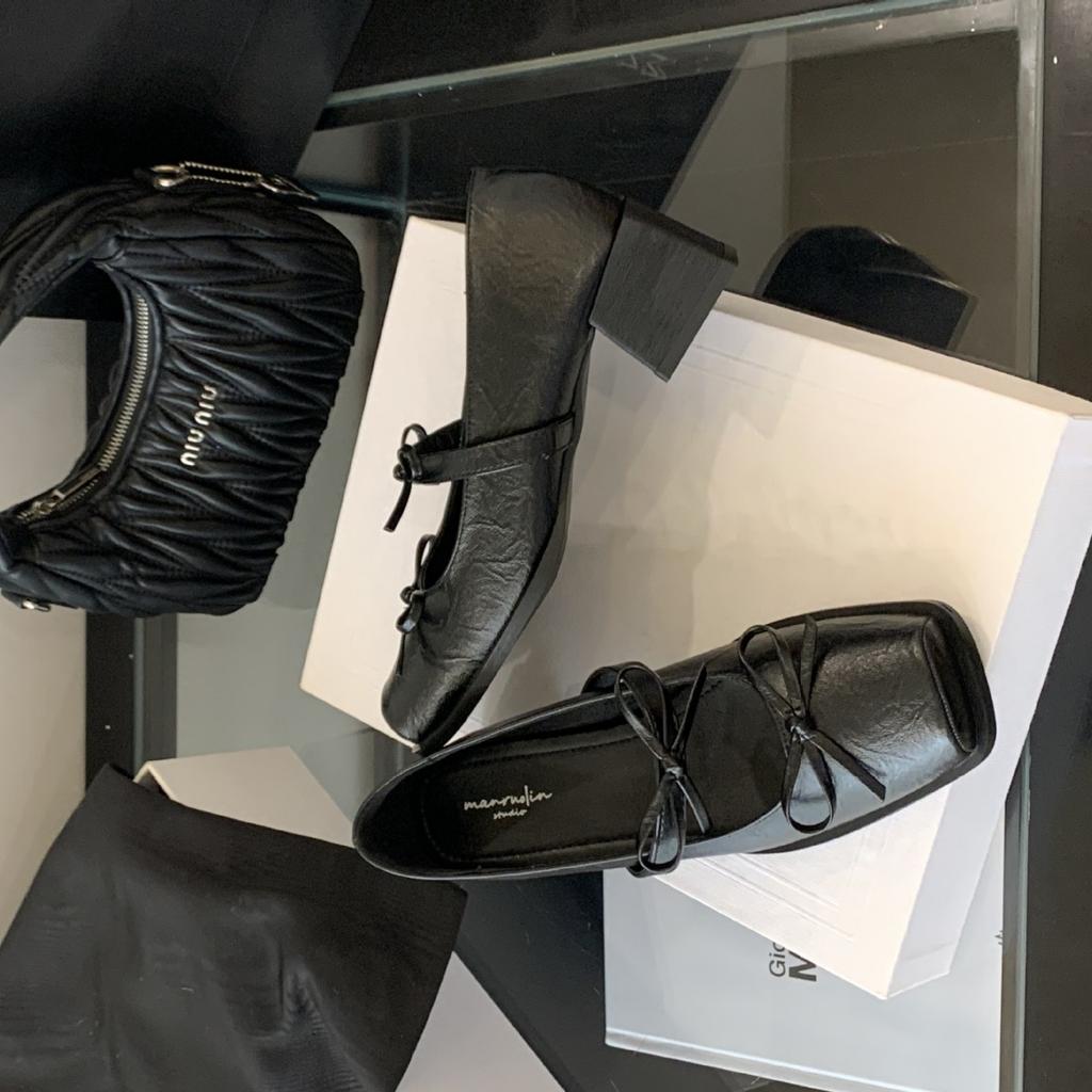 2025 New Square Head Bow Silver Word with Light Mouth Thick High Heel Thin Mary Jane Women's Shoes