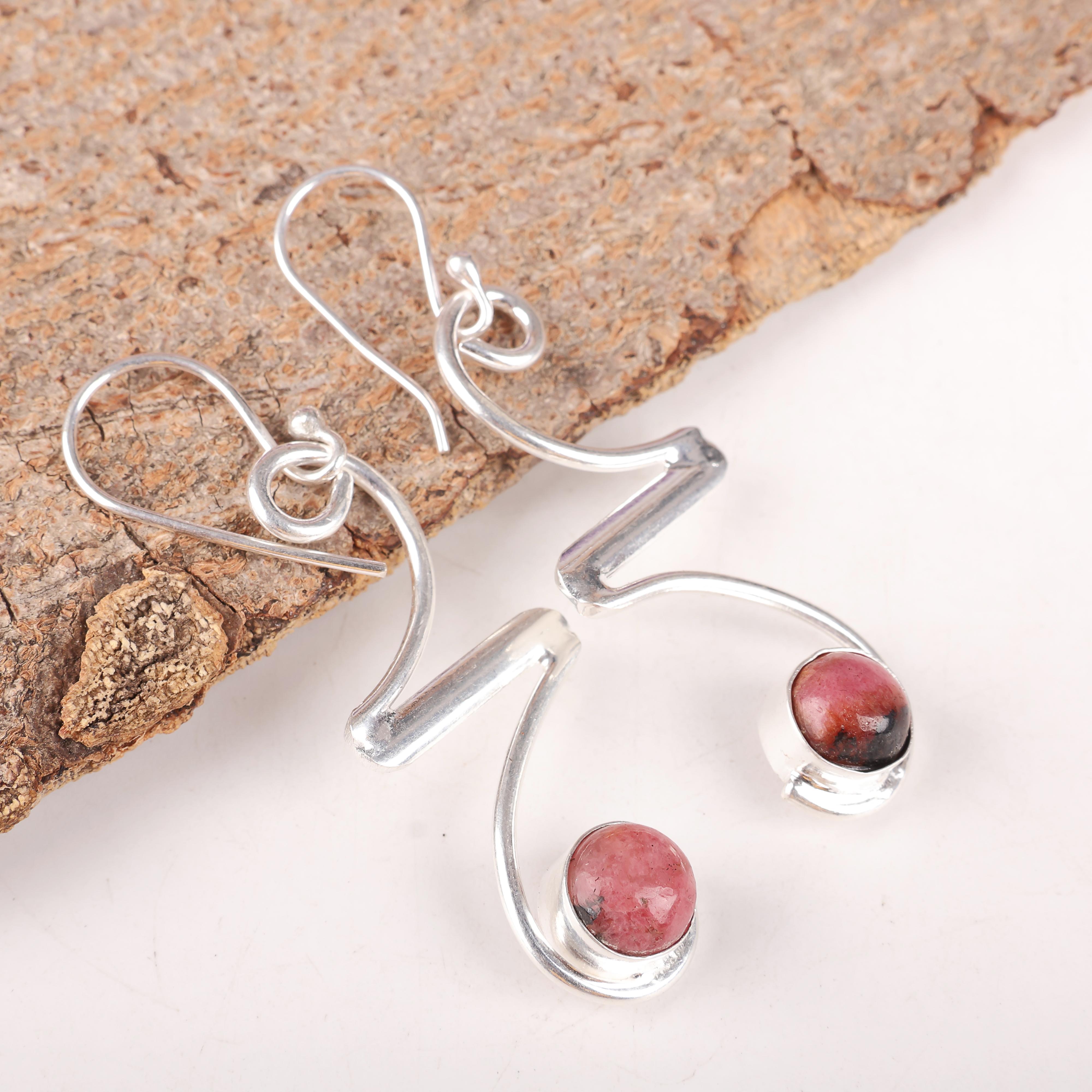 

Украшения из драгоценного камня черный родонит, серьги из стерлингового серебра 925 пробы, серьги из серебра с родонитом ручной работы для свадебного подарка 2.35 Inches розовый