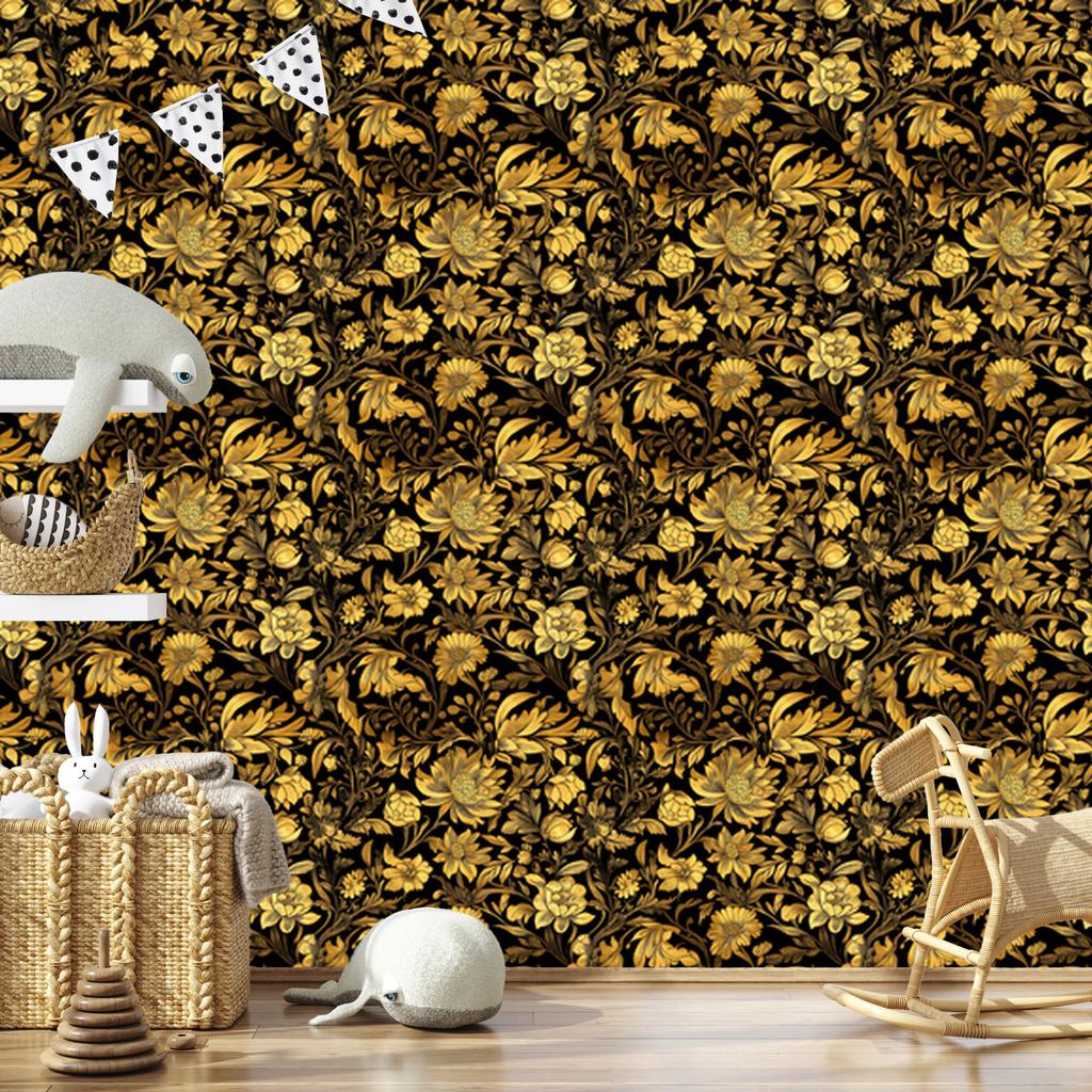 Golden Hibiscus Wallpaper Ochre, Gold and Black for Living Room and Bedroom 50x1000