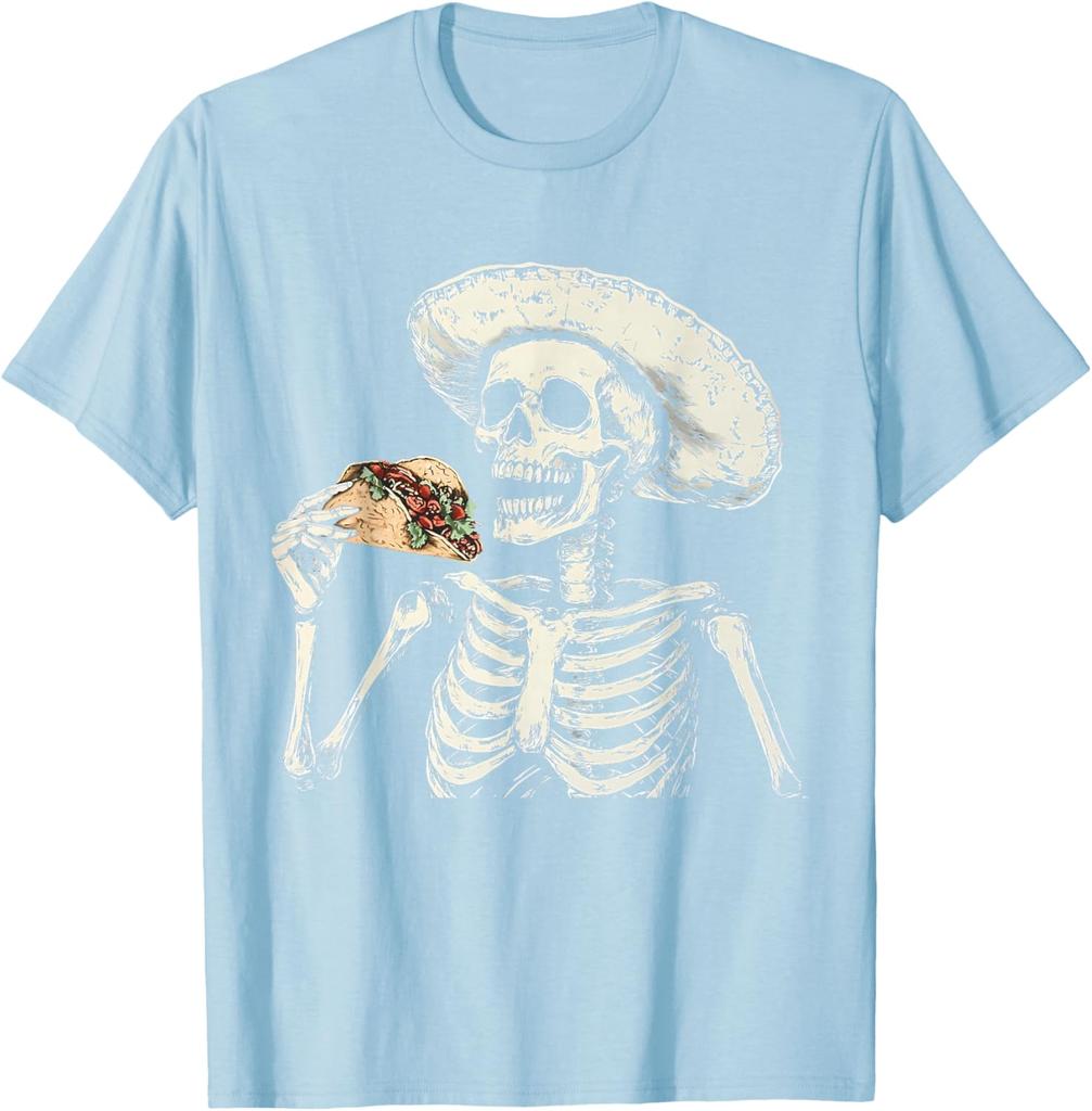 Skeleton Eating Taco Sombrero Graphic Tee Mexican Dia De Muertos Lover Casual Cotton T-Shirt