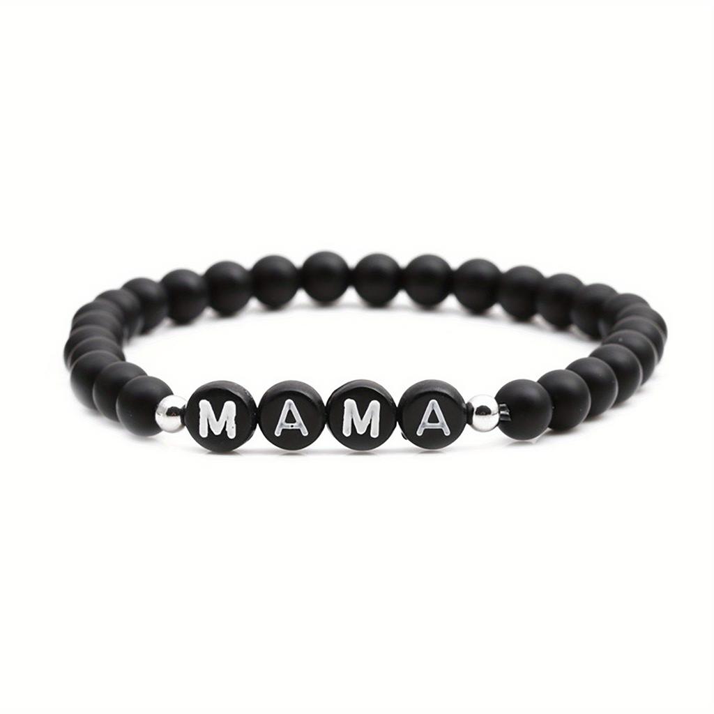 Natural Stone 6mm Beads Bracelet for Mom Mama Women Initial Letters Family Bless Bangles Mother's Day Gifts Jewelry Matte black
