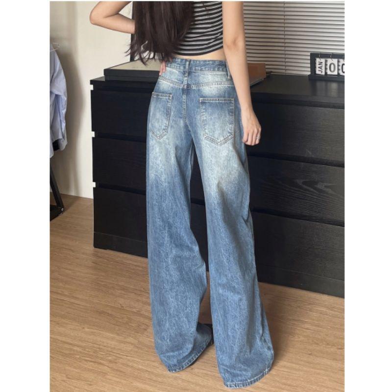 Women's Low-Waist Washed Retro Blue Wide-Leg Jeans, Summer Style, Loose Drapey Fit, Floor-Length.