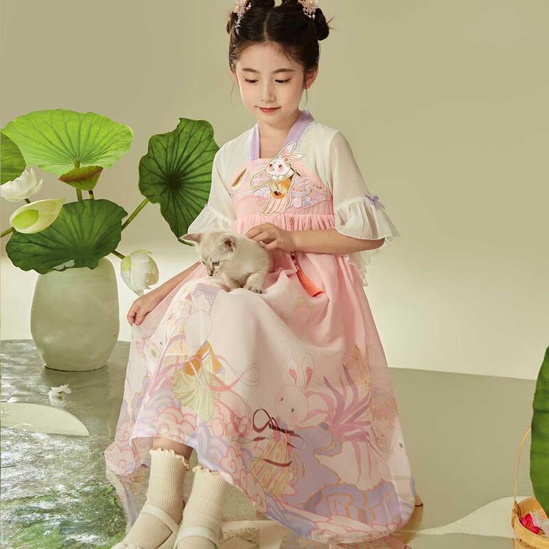 Girls' Hanfu Style Summer Dress with Jade Rabbit