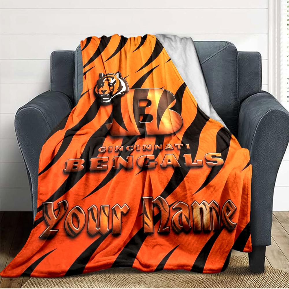 Name Custom Cincinnati Bengals Logo Print Flannel Blanket High Quality Warm Comfortable Cover for All Seasons Perfect for Gifts Home Decor