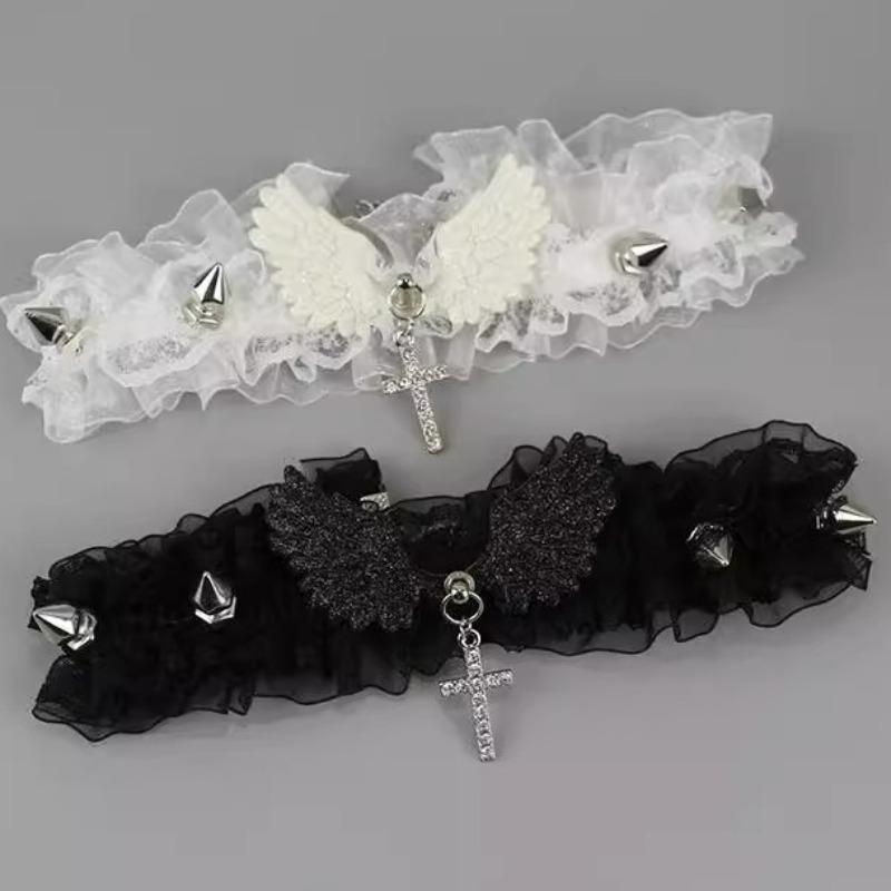 Sexy Negro Blanco Encaje Lolita Gargantilla Gótico Cristal Colgante Cruz Alas de Ángel Remache Collar para Mujeres Encanto Fiesta Joyería Regalo