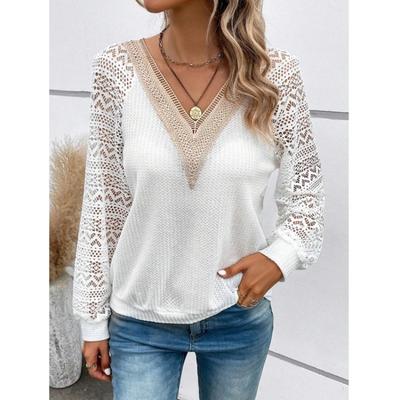 Herbst Damen Langarm V-Ausschnitt Patchwork Hohlspitze Perspektive Lässige T-Shirts Damen