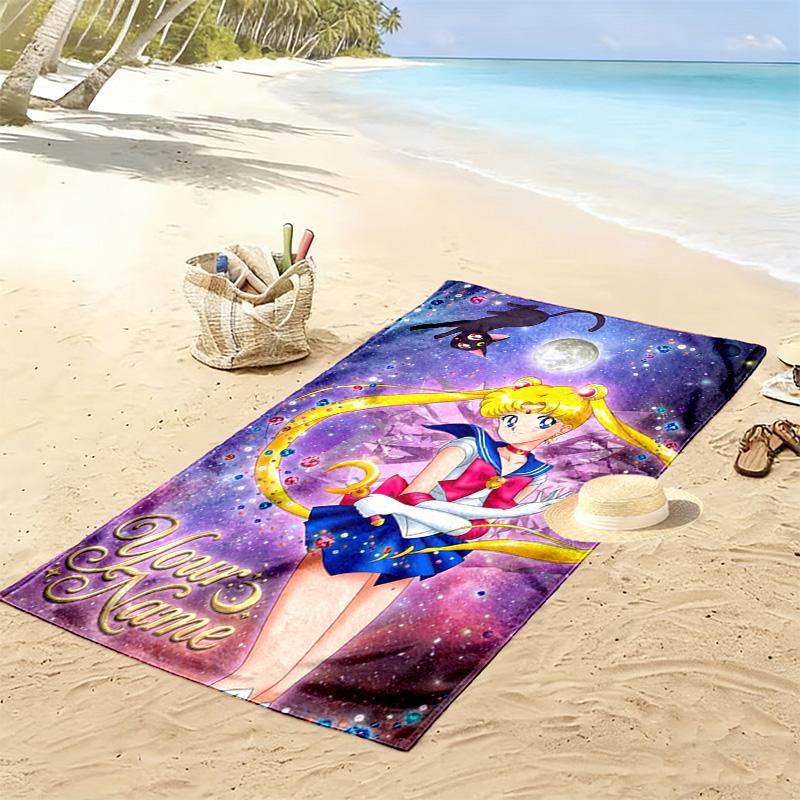 Name Custom Magic Sailor Girl Print Beach Towel, Large Soft Quick Dry Towel for Beach Camping Swimming
