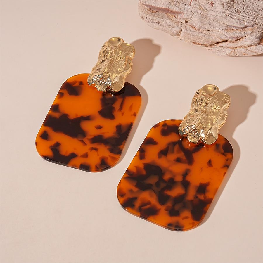 Exaggerated resin leopard print rectangular geometric silver needle earrings retro niche premium earrings