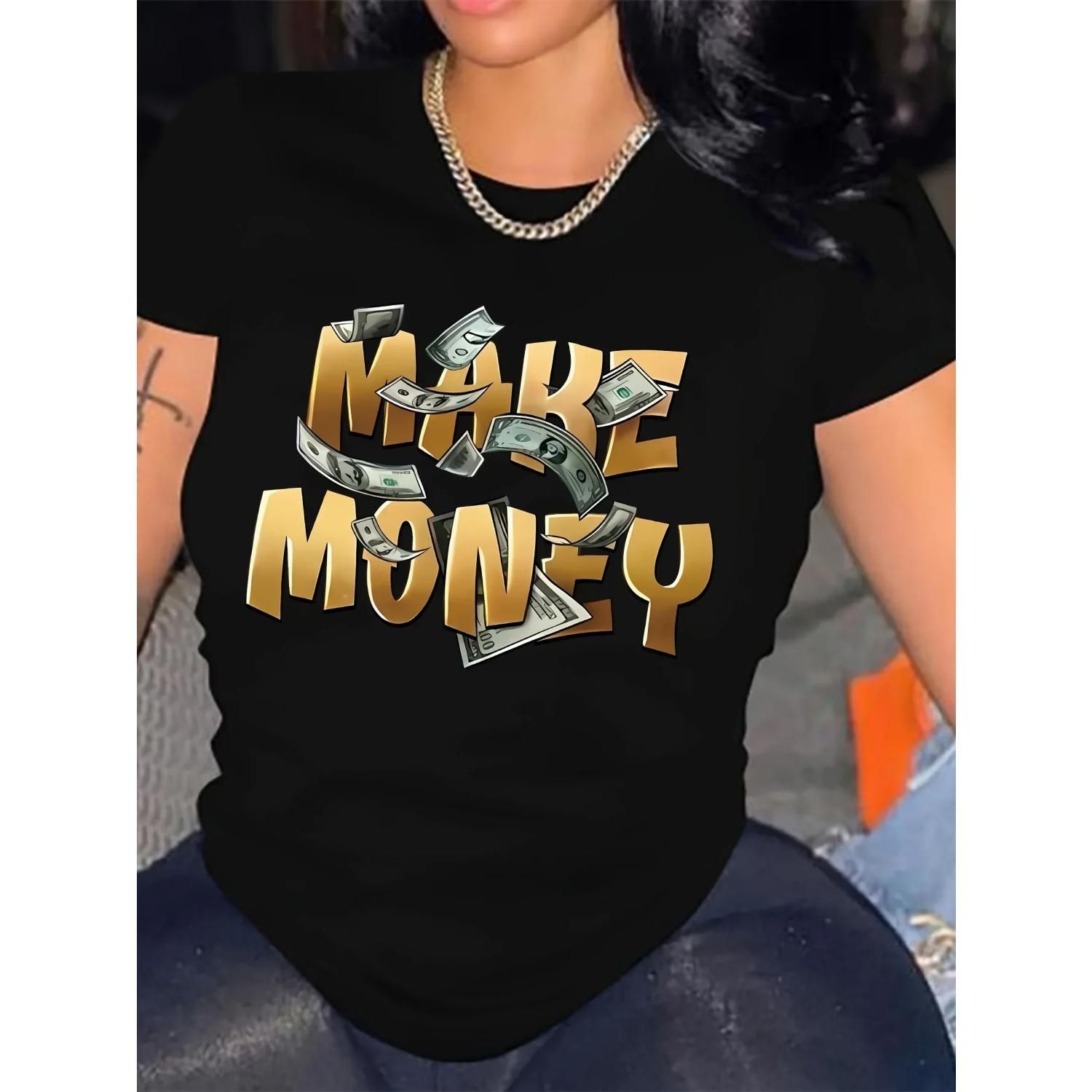 Make Money Print T-shirt, Casual Short Sleeve Crew Neck Top For Spring & Summer, Women s Clothing S чёрный